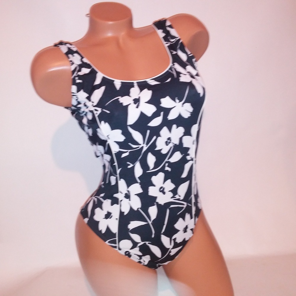 Vintage Sun Streak by Newport News One Piece Swim Size 8 Black White Floral